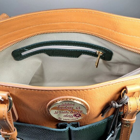 VALENTINA "Today is Your Best Day" Leather Tote Bag Purse Olive Green & Tan NWOT - Picture 8 of 9